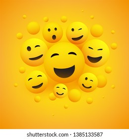 Various Smiling and Laughing Happy Emoticons in Front of a Yellow Background, Vector Concept Illustration