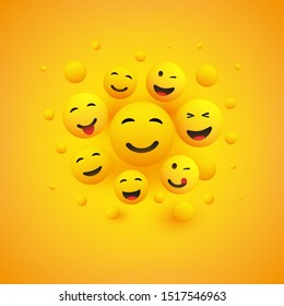 Various Smiling and Laughing Happy Emoticons in Front of a Yellow Background, Vector Concept Illustration 