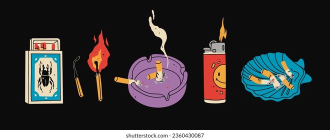 Various smoking accessories. Cigarette, matches box, ashtray with butts, lighter, burning match. Hand drawn Vector illustration. Isolated design templates. Smoking tools, bad habit, addiction concept