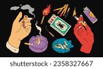 Various smoking accessories. Hand with cigarette, demonic red hand, matches box, ashtray. Hand drawn Vector illustration. Isolated design templates. Smoking tools, bad habit, addiction concept