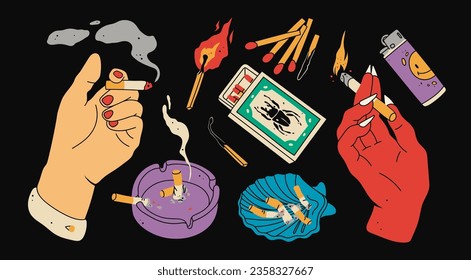 Various smoking accessories. Hand with cigarette, demonic red hand, matches box, ashtray. Hand drawn Vector illustration. Isolated design templates. Smoking tools, bad habit, addiction concept