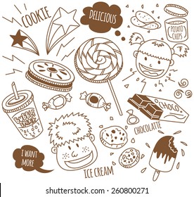 Various Snack With Happy Kids In Doodle Style