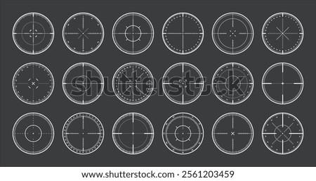 Various sniper rifle sights with degree scale, weapon optical scope crosshair. Hunting gun viewfinder. Shooting mark symbol, aim. Military target sign. Game interface UI element. Vector illustration