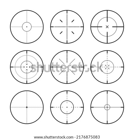 Various sniper rifle sights, weapon optical scope crosshair. Hunting gun viewfinder. Shooting mark symbol, aim. Military target sign. Game interface UI element. Vector illustration