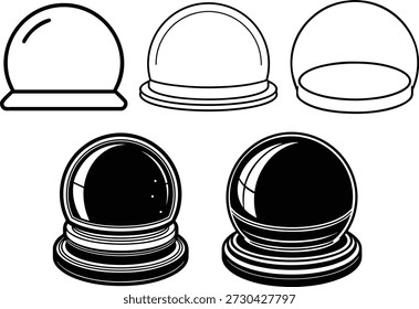 Várias ilustrações de globo de neve mostram uma variedade de estilos. Alguns são retratados como contornos simples, enquanto outros são preenchidos com preto sólido para um efeito impressionante. Há globos vazios e aqueles com bases completas, fornecendo diversas opções de design e temas de férias, isolados contra um fundo branco.