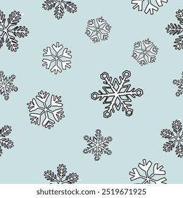 Various snowflake hand drawn childish style seamless pattern on light blue background graphic illustration. Merry Christmas gift wrapping paper template.