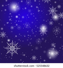 Various snowflakes on a blue background. Holiday frame  as a Merry Christmas greetings card. Winter texture vector illustration. Abstract light and the night lights.