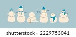 Various snowman characters shapes. Winter outdoor activities for kids or family. Snow sculpture decorating with hat, scarf, brunches as arms and carrot as nose. Cartoon vector items are isolated. 