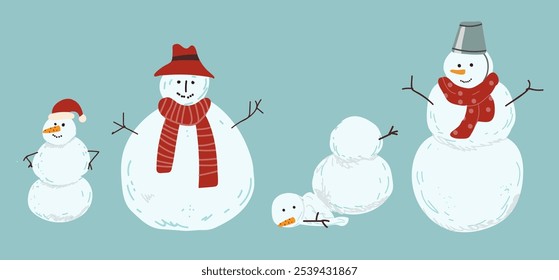 Various snowman characters shapes. Winter outdoor activities for kids or family. Snow sculpture decorating with hat, scarf, brunches as arms and carrot as nose. Hand drawn vector illustration. 