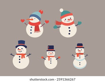 Various snowman icon sets. winter-appropriate elements. minimal art vector illustration.