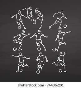 Various soccer player sketches on chalkboard. Handdrawn vector sketch, clean outlines, vintage style blackboard.