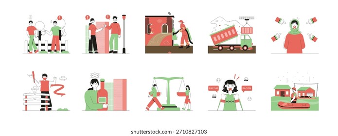 Várias questões sociais entre os concidadãos. Design de caracteres. Ilustração em plano vetorial