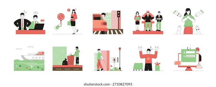 Diversos problemas sociales, desde el descuido en la basura hasta los peligrosos ciberdelitos. Diseño de personajes. Ilustración plana de Vector