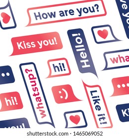 Various social networking chat messages: Hello, I love you, Heart, How are you?, smile :), WhatsUp?, Kiss you!, Like it! Concepts: media services (Facebook etc.), Internet relationships and friendship