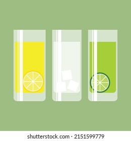 Various soft drinks in glasses. Set of non-alcoholic summer drinks. Glass of lemonade vector icons.