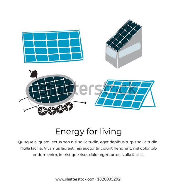 Various solar batteries for space colonization.\
Handdrawn vector illustration of solar batteries which helps\
colonists and astronauts to mine energy for cities and technics.\
