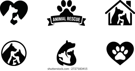 Various solid black glyph logos and icons for animal shelters, rescue organizations, and pet care. Includes dogs, cats, hearts, and paw prints.