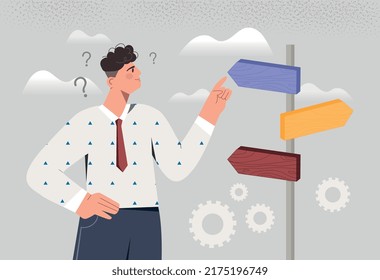 Various solutions concept. Man next to road signs. Businessman or entrepreneur chooses company development strategy. Planning and setting goals, vision of future. Cartoon flat vector illustration