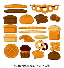 Various sorts of bread. Bakery or pastry product types. Vector icons set. Dough, cupcakes, sweet buns, cakes suitateble for bakery shop. Vector Illustration. Food design elements.