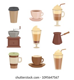 Various sorts of coffee. Cups in cartoon style. Hot drink espresso, cappuccino beverage, vector illustration