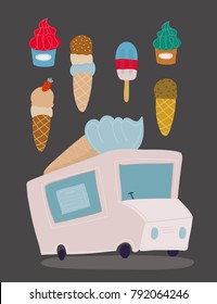 Various sorts of ice cream and ice cream van. Hand drawn vector illustration. Dark background
