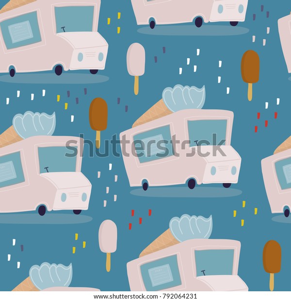 Various sorts of ice cream and\
ice cream van. Hand drawn vector seamless pattern. Blue\
background