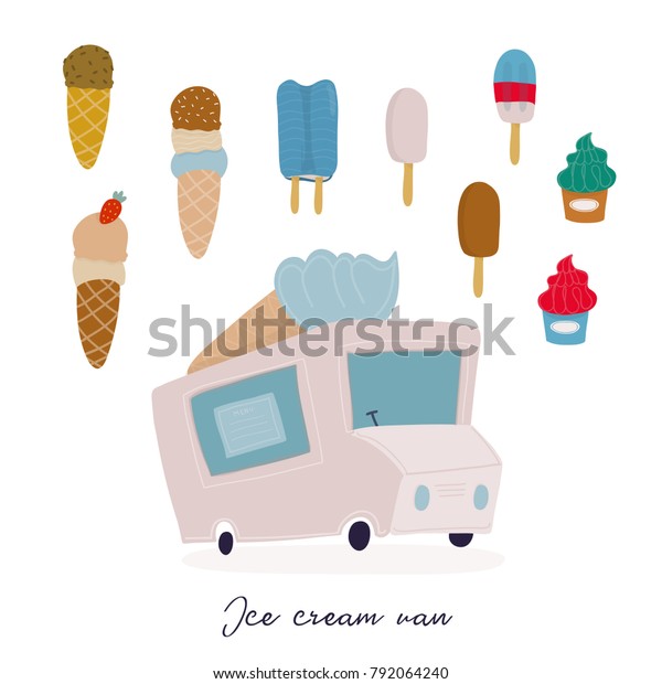 Various sorts of ice cream and ice\
cream van. Hand drawn vector set. All elements are\
isolated