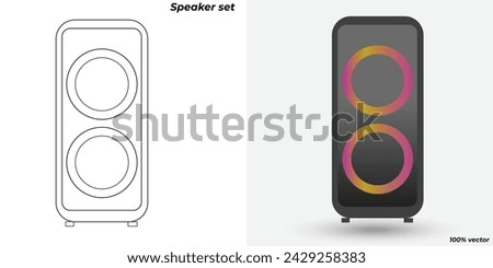 Various sound speaker sets, subwoofer symbols, concert or party acoustic audio systems, and home theatre stereo systems. Authentic three-dimensional vector illustration