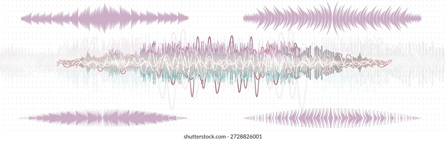 Various sound waves are displayed with different shapes and colors on a plain white background. This design illustrates sound patterns and can be used for teaching or creative projects.