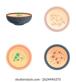 Various soup icons set cartoon vector. Bowl of delicious vegetable soup. Healthy nutrition