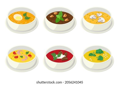 Various soups in bowls. Eggs, shrimps, broccoli, tomatoes, mint, mushrooms, meat, croutons, noodles