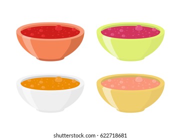 Various soups in plates, dishes. Hot meal with vegetables, meat. Cartoon flat style.