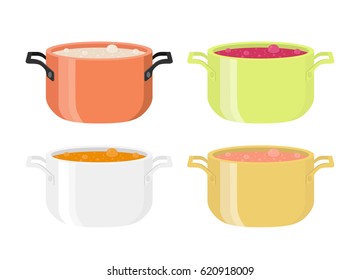 Various soups in pots. Hot meal with vegetables, meat. Cartoon flat style.