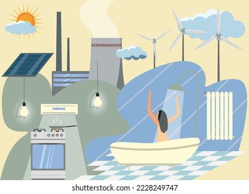 various sources of electricity in the house and ways to obtain energy nuclear, solar and wind power plants vector