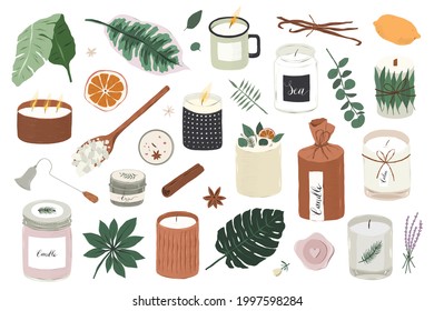 Various soy candles, different scented candles, natural coconut wax aromatherapy, handmade candle with essential oils, handdrawn vector illustrations, isolated vector objects.