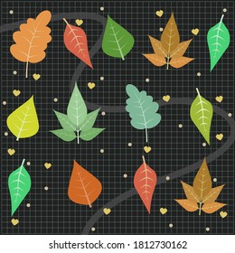 Various Space Leafs Pattern With Dark Background. Seamless pattern with color autumn leafs