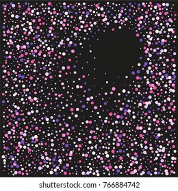 Various sparkle background of random scatter rainbow geometric figures isolated on black.