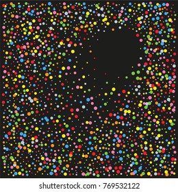 Various sparkle background of random scatter rainbow geometric figures isolated on black.