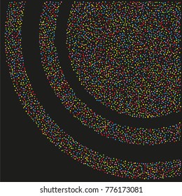 Various sparkle background of random scatter rainbow geometric figures isolated on black.