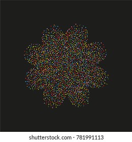 Various sparkle background of random scatter rainbow geometric figures isolated on black.