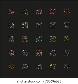 Various sparkle background of random scatter rainbow geometric figures isolated on black.