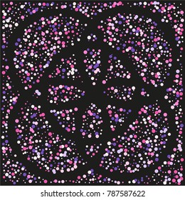 Various sparkle background of random scatter rainbow geometric figures isolated on black.