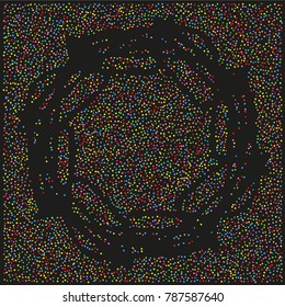 Various sparkle background of random scatter rainbow geometric figures isolated on black.