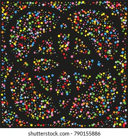 Various sparkle background of random scatter rainbow geometric figures isolated on black.