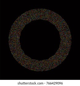 Various sparkle frame or border of random scatter rainbow geometric figures isolated on black.