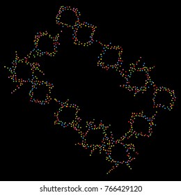 Various sparkle frame or border of random scatter rainbow geometric figures isolated on black.