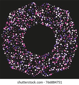 Various sparkle frame or border of random scatter rainbow geometric figures isolated on black.