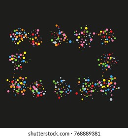 Various sparkle frame or border of random scatter rainbow geometric figures isolated on black.