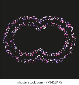 Various sparkle frame or border of random scatter rainbow geometric figures isolated on black.