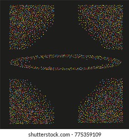 Various sparkle frame or border of random scatter rainbow geometric figures isolated on black.
